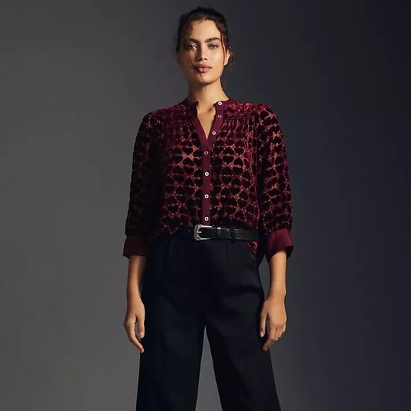 Anthropologie Maeve Velvet Burnout Blouse Heart Red Sheer Top - Picture 6 of 14